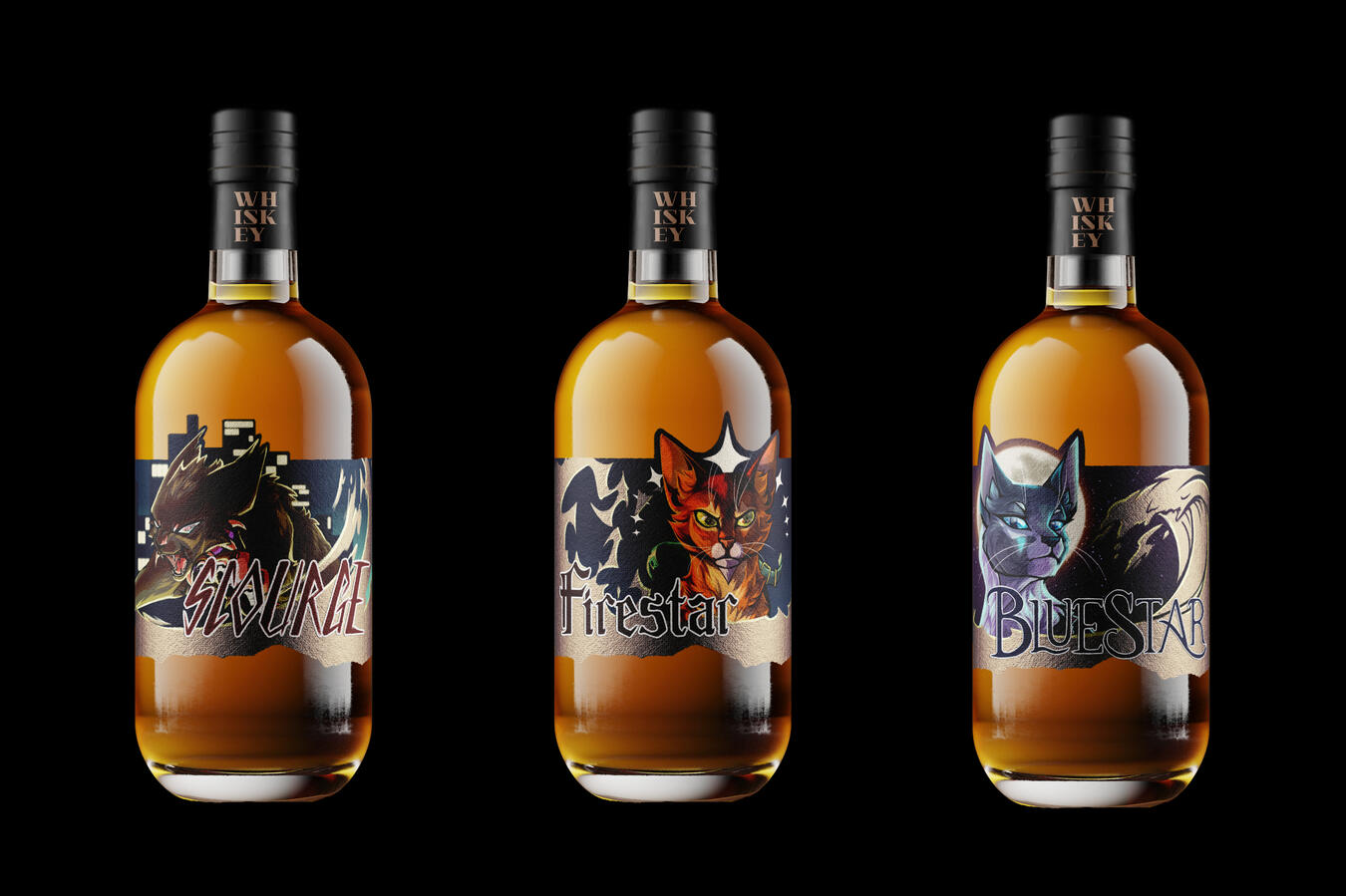 Bottle label design mockups based on characters from 'Warrior Cats' by Erin Hunter