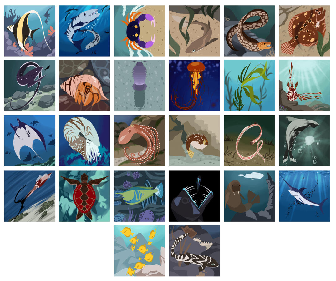 The alphabet as illustrated with sea life
