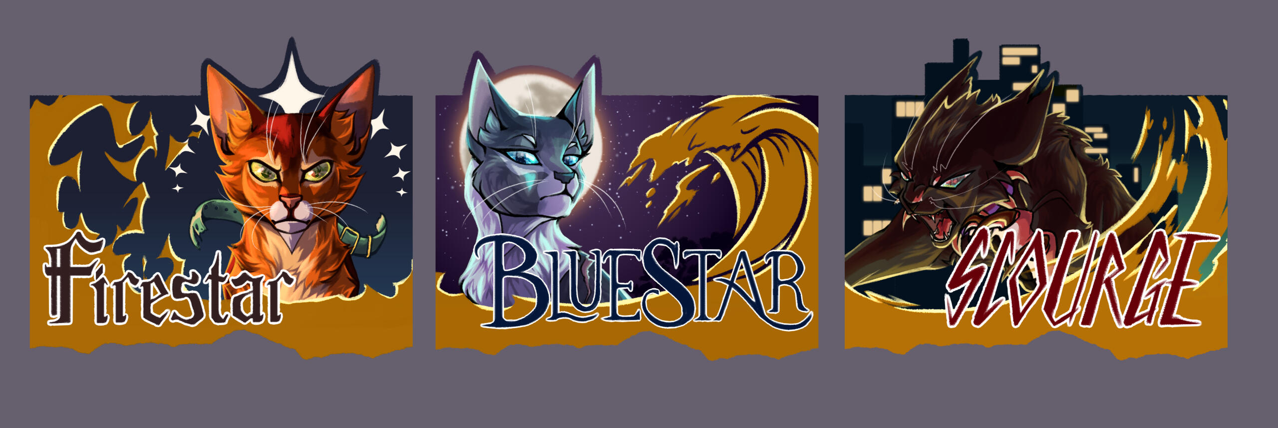 Bottle label designs based on characters from 'Warrior Cats' by Erin Hunter